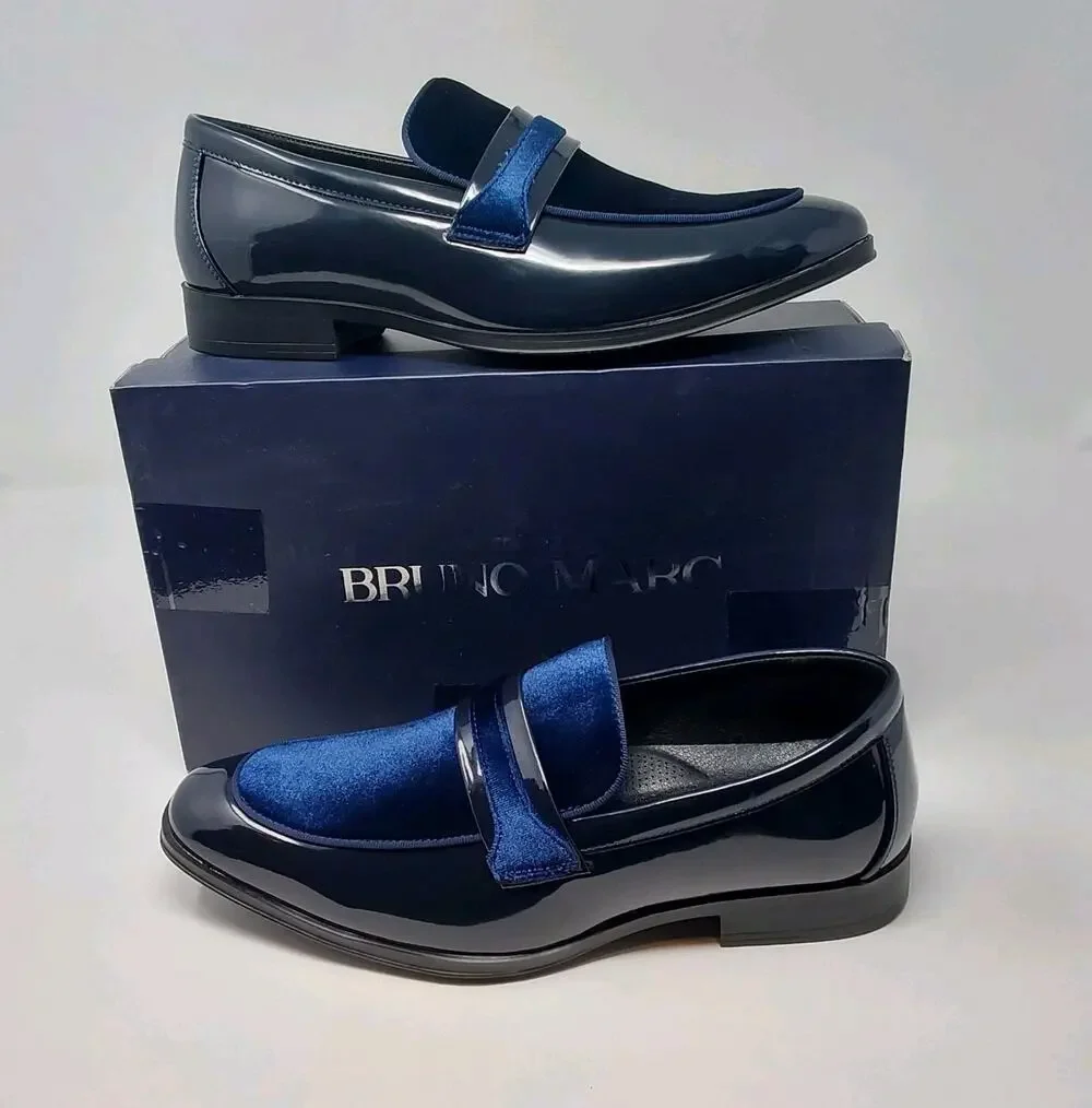 Bruno Marc Mens 8 Blue Velvet Patent Dress Loafers Tuxedo Shoes SBLS2407M